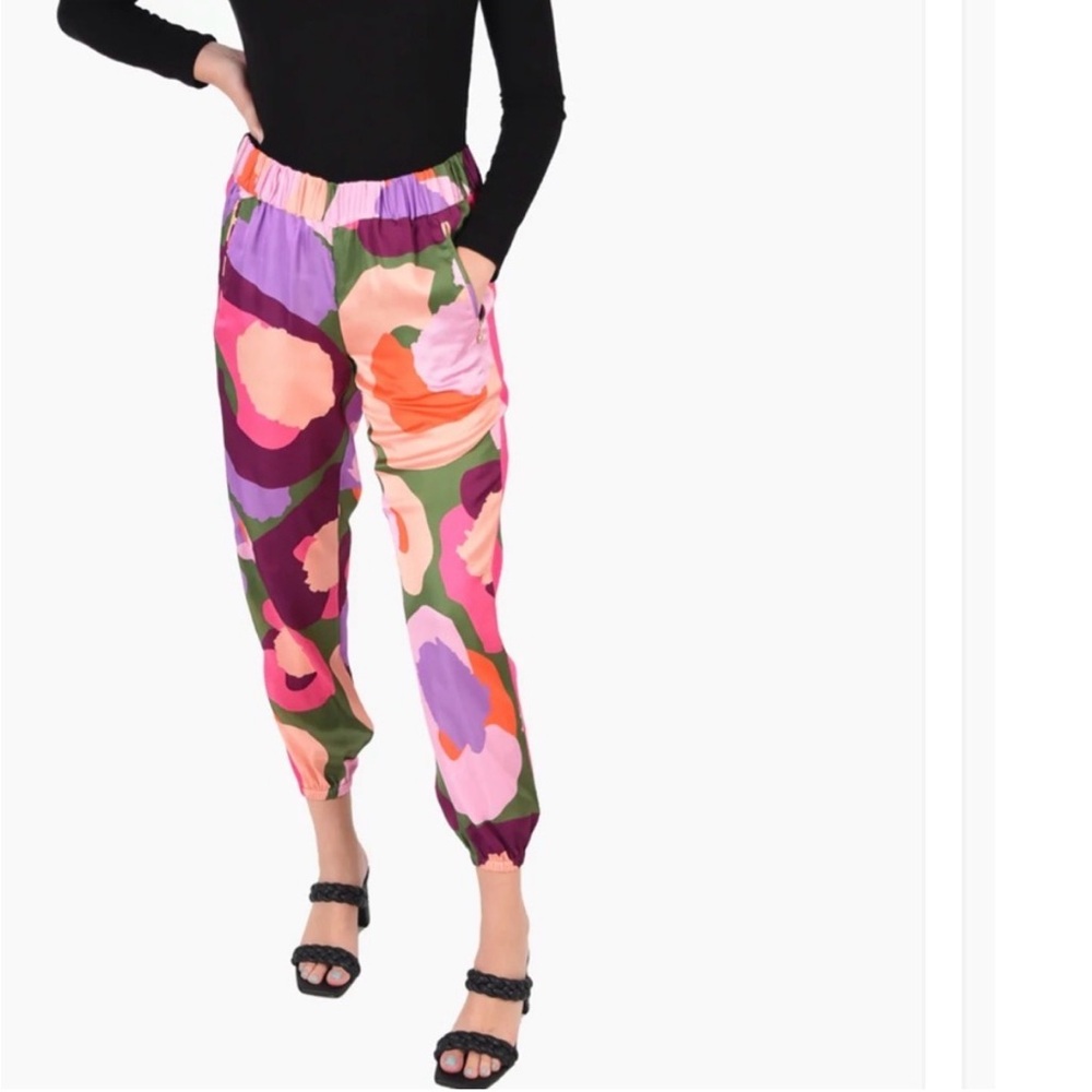 EMILY MCCARTHY Downtown Jogger Pant Satin Abstract Print Bright Colorful Small